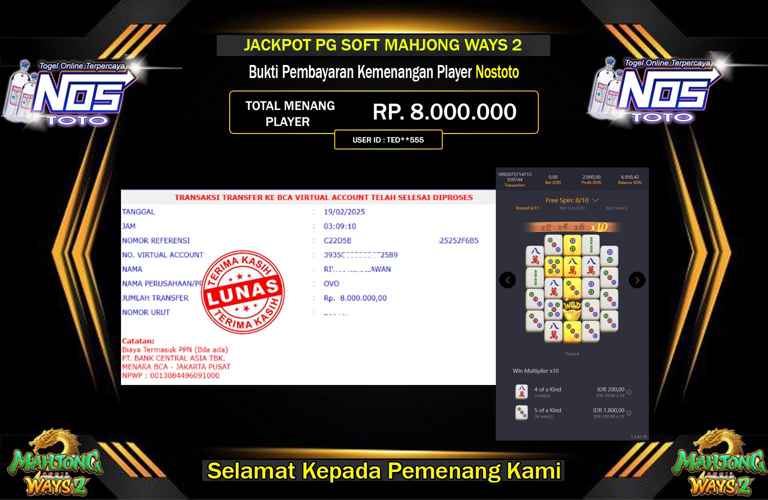 NOSTOTO JACKPOT MAHJONG WAYS 2 Rp.8.000.000,- LUNAS