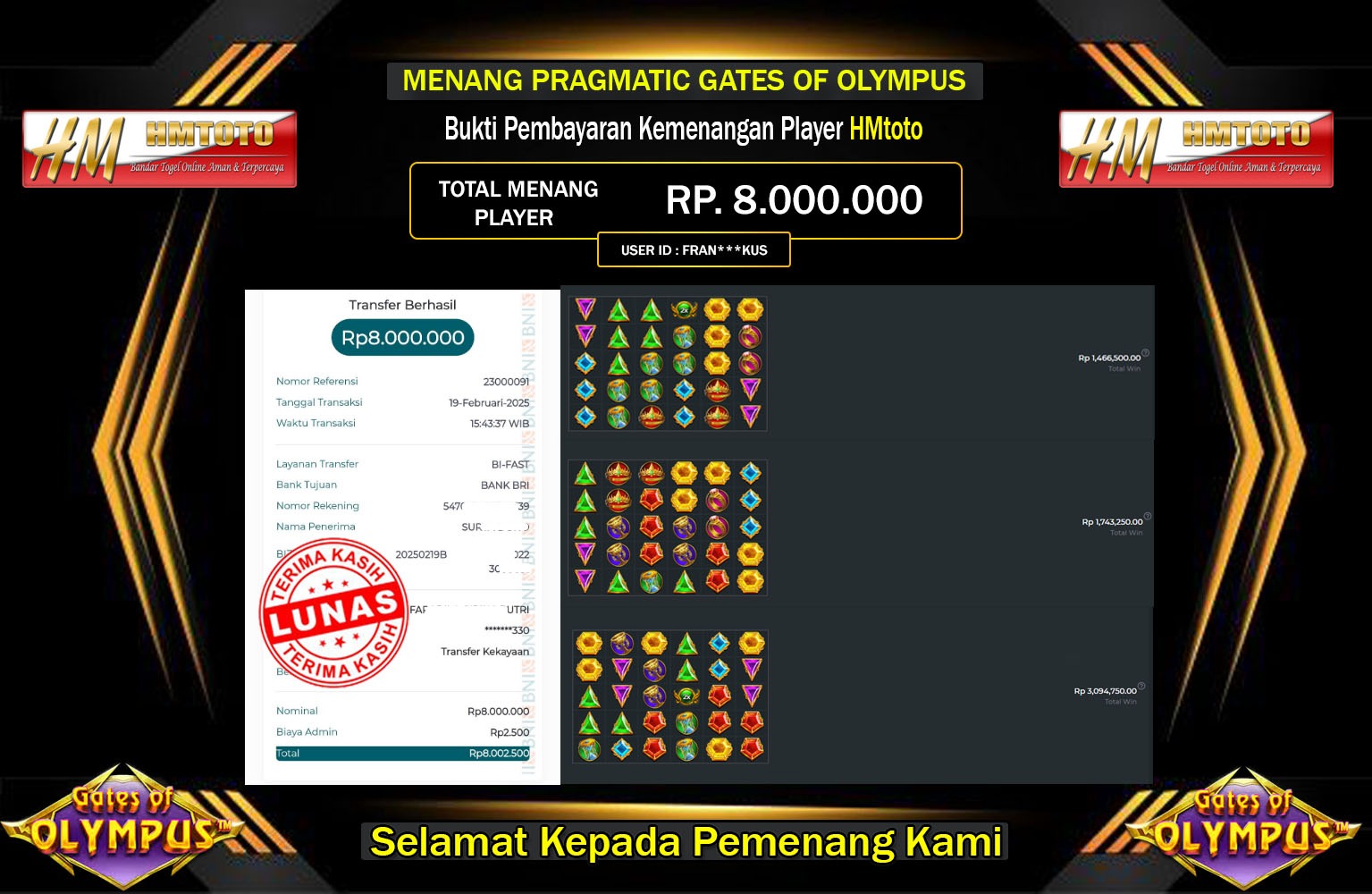 HMTOTO JACKPOT GATES OF OLYMPUS Rp.8.000.000,- LUNAS