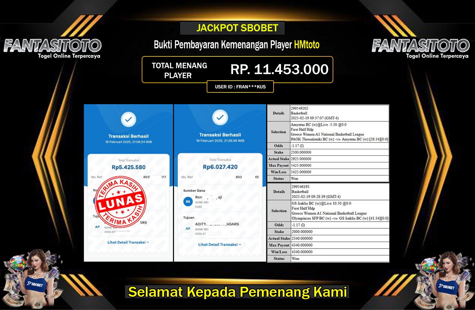 FANTASITOTO JACKPOT SBOBET Rp.11.453.000,- LUNAS