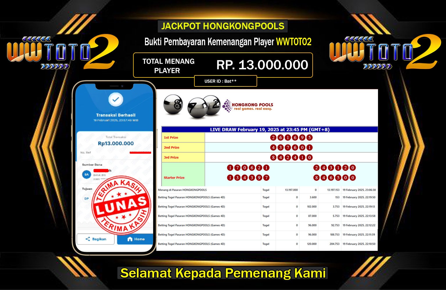 WWTOTO2 JACKPOT TOGEL HONGKONGPOOLS Rp.13.000.000,- LUNAS