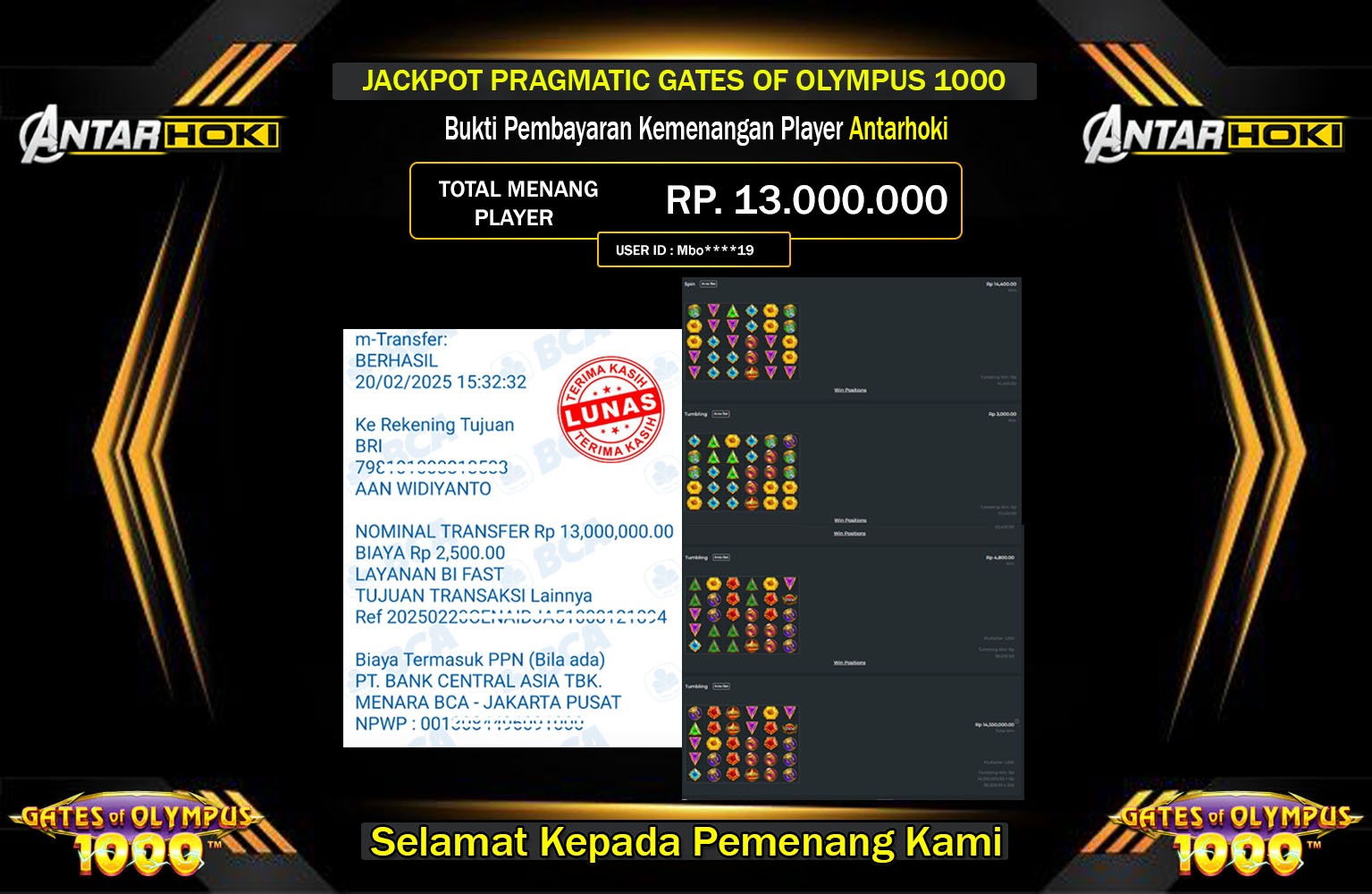 ANTARHOKI JACKPOT GATES OF OLYMPUS 1000  Rp.13.000.000,- LUNAS