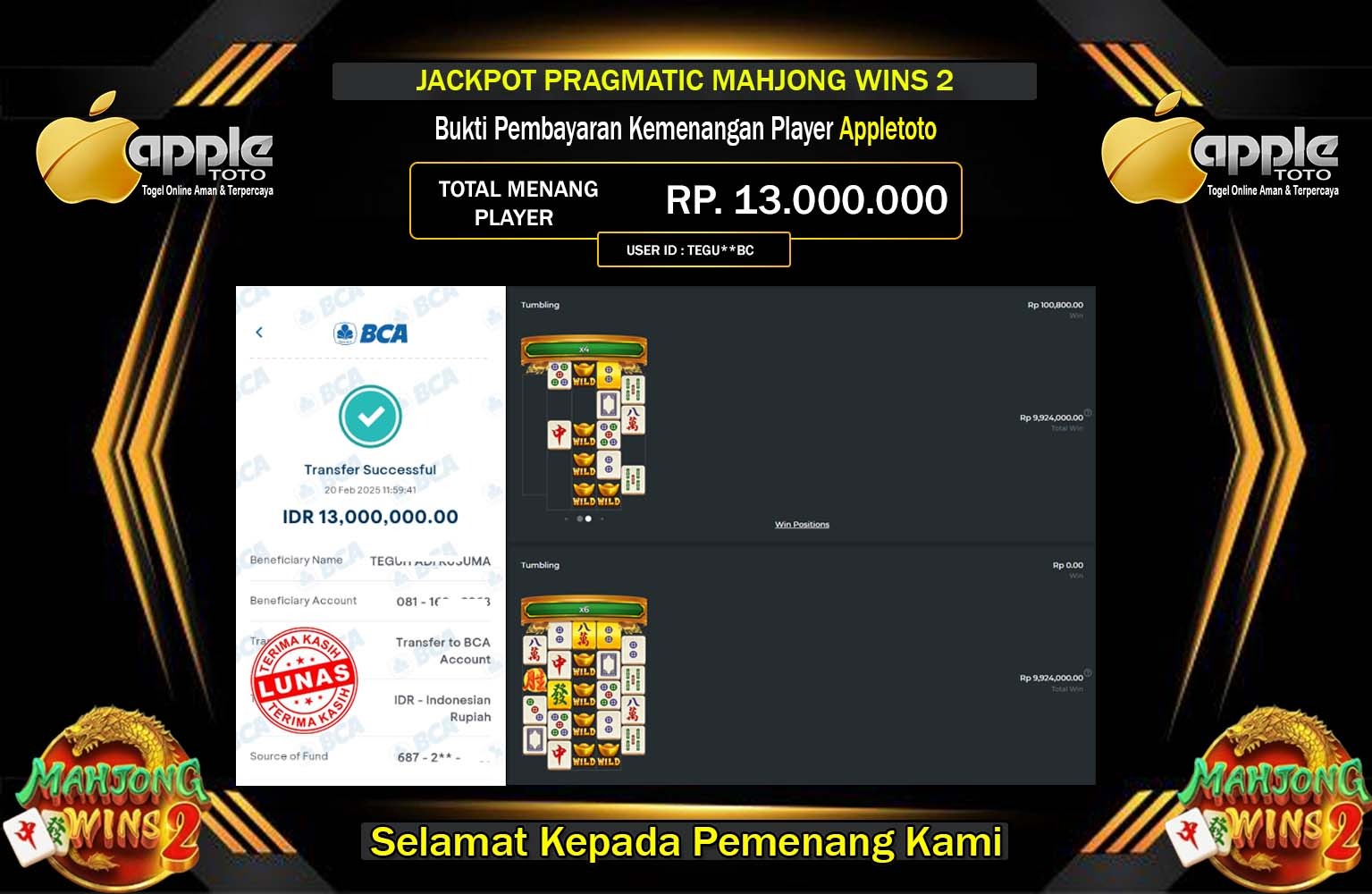 APPLETOTO JACKPOT MAHJONG WINS 2 Rp.13.000.000,- LUNAS