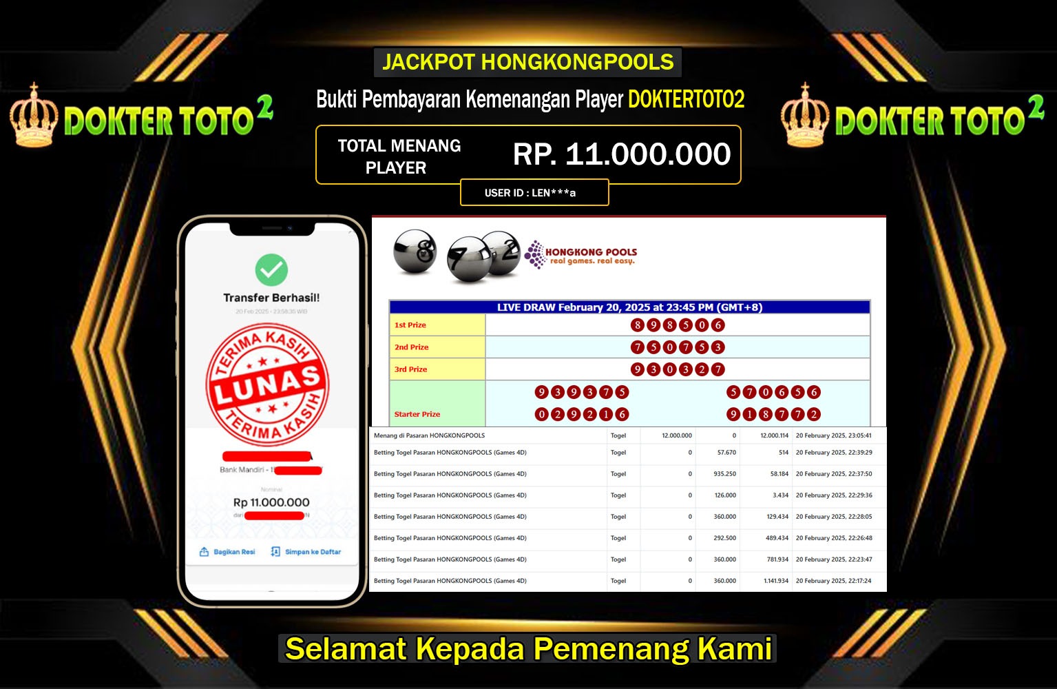 DOKTERTOTO2 JACKPOT HONGKONGPOOLS Rp.11.000.000,- LUNAS