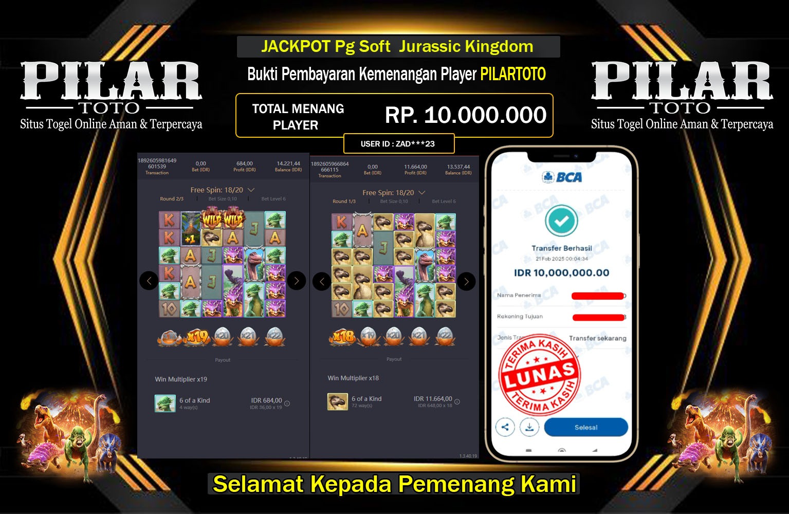 PILARTOTO JACKPOT Pg Soft (Jurassic Kingdom) Rp.10.000.000,- LUNAS