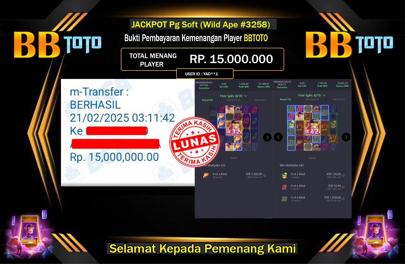 BBTOTO JACKPOT Pg Soft (Wild Ape #3258) Rp.15.000.000,- LUNAS