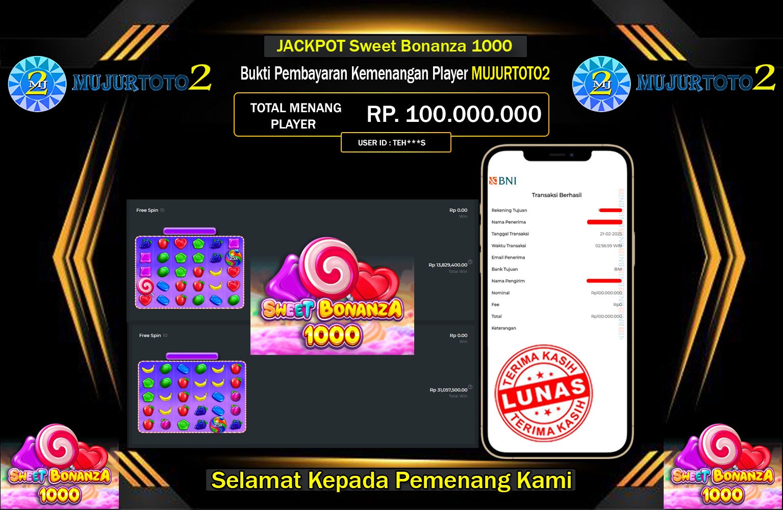 MUJURTOTO2 JACKPOT Pragmatic (Sweet Bonanza 1000) Rp.100.000.000,- LUNAS