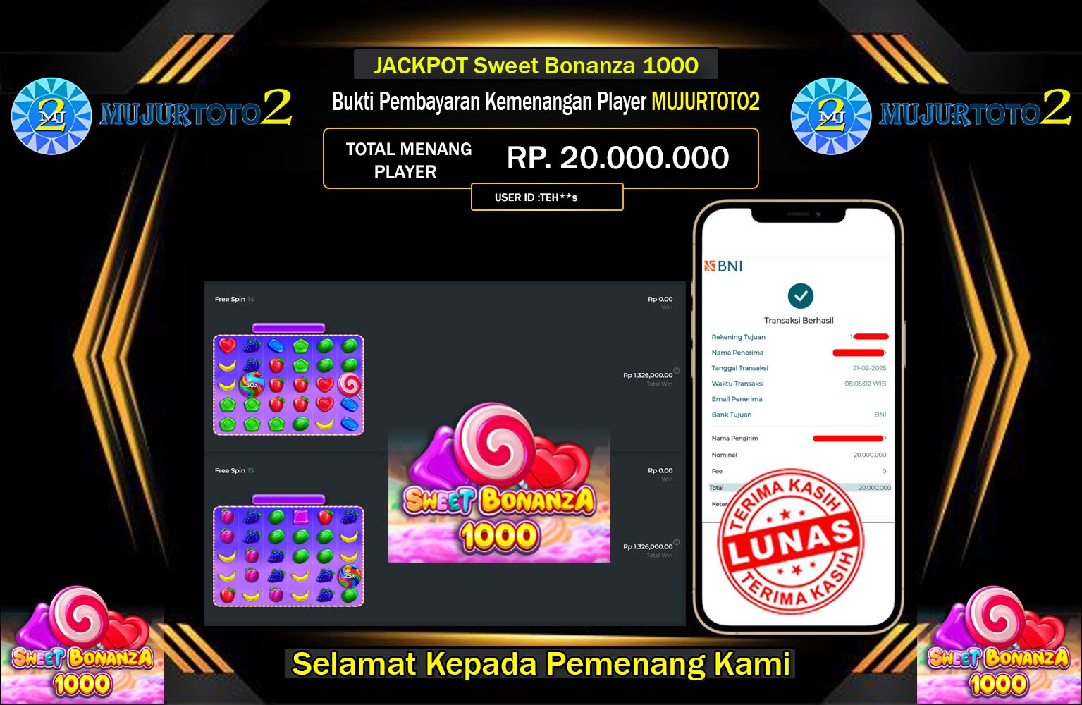 MUJURTOTO2 JACKPOT Pragmatic (Sweet Bonanza 1000) Rp.20.000.000,- LUNAS