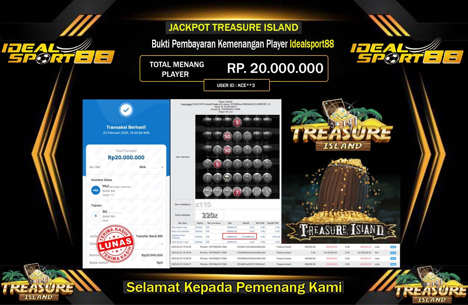 IDEALSPORT88 JACKPOT TREASURE ISLAND Rp.20.000.000,- LUNAS