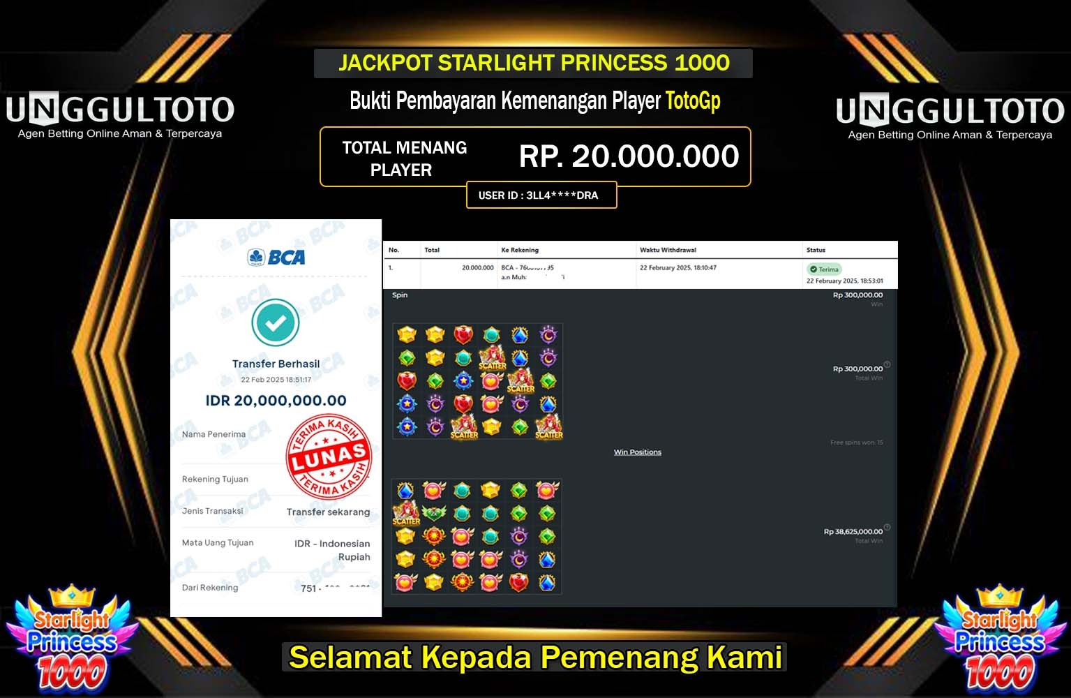 UNGULTOTO JACKPOT STARLIGHT PRINCESS 1000 Rp.20.000.000,- LUNAS