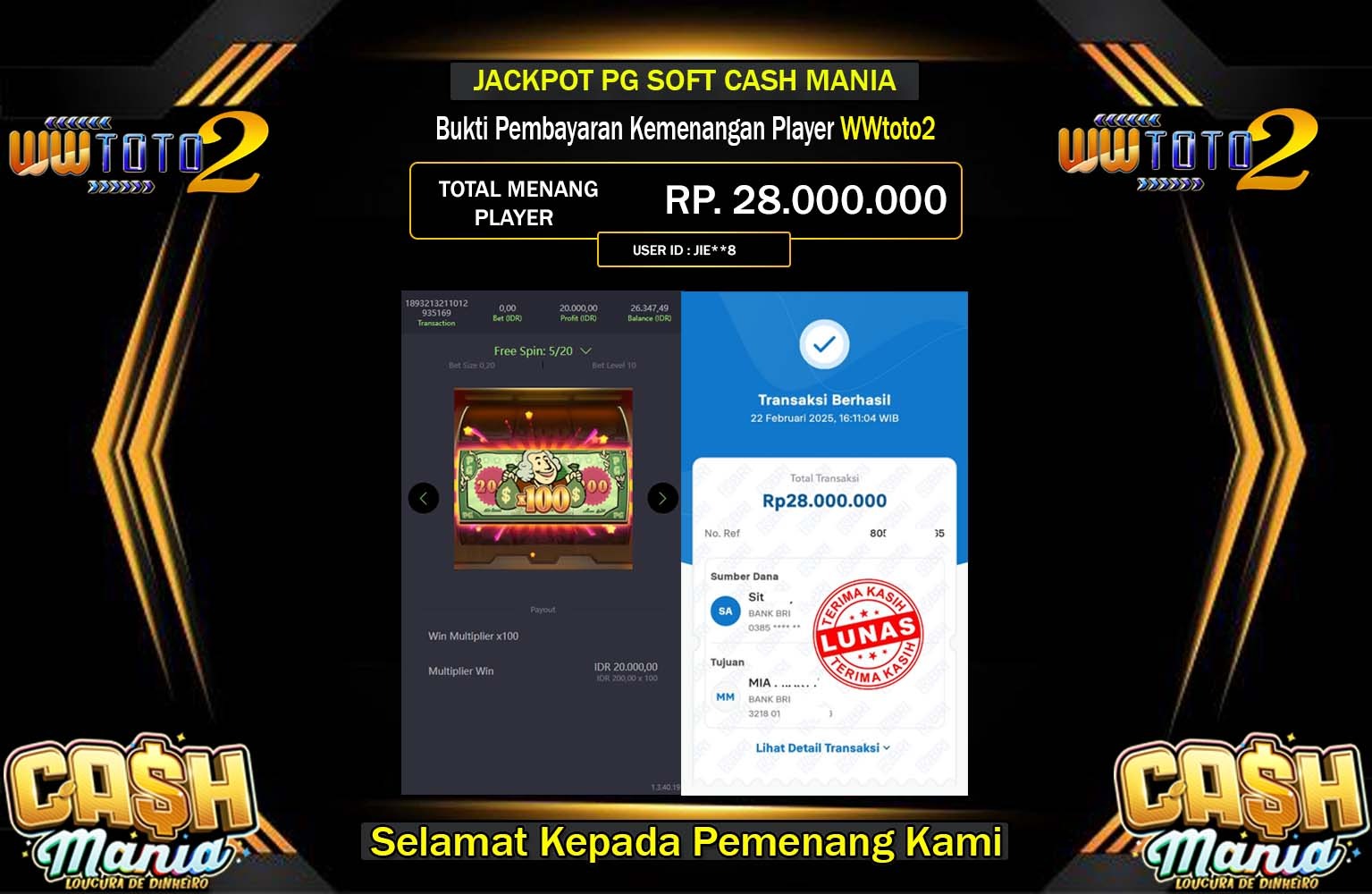 WWTOTO2 JACKPOT CASH MANIA Rp.28.000.000,- LUNAS