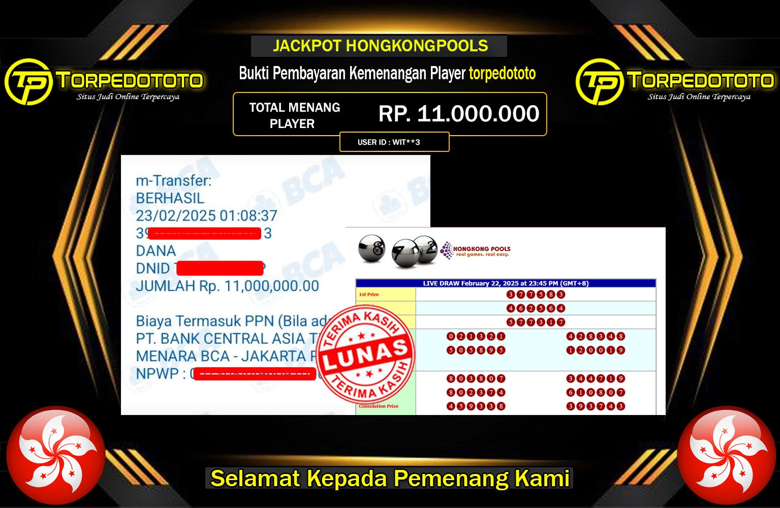 TORPEDOTOTO JACKPOT HONGKONGPOOLS  Rp.16.000.000,- LUNAS