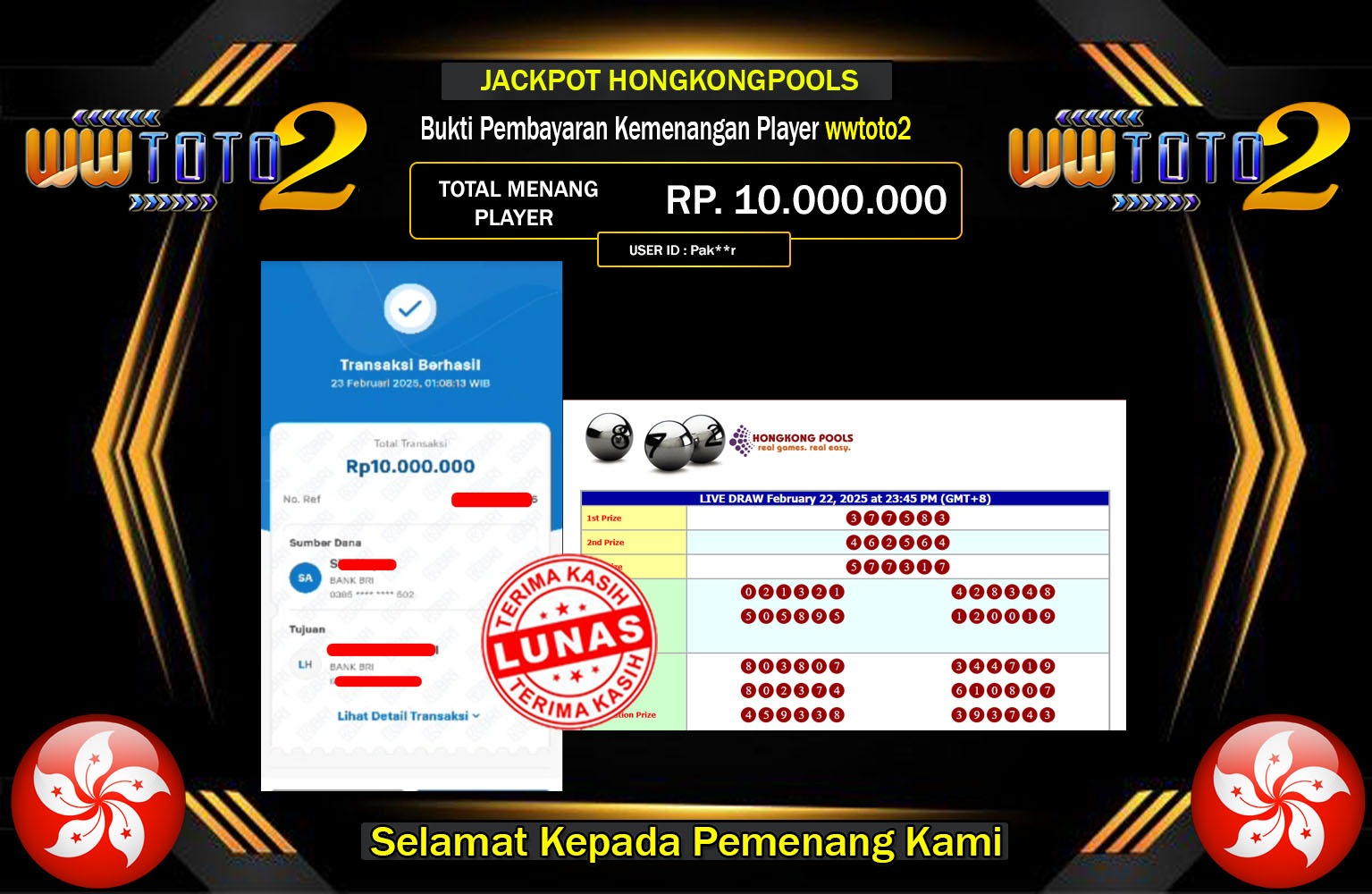 WWTOTO2 JACKPOT HONGKONGPOOLS  Rp.10.000.000,- LUNAS