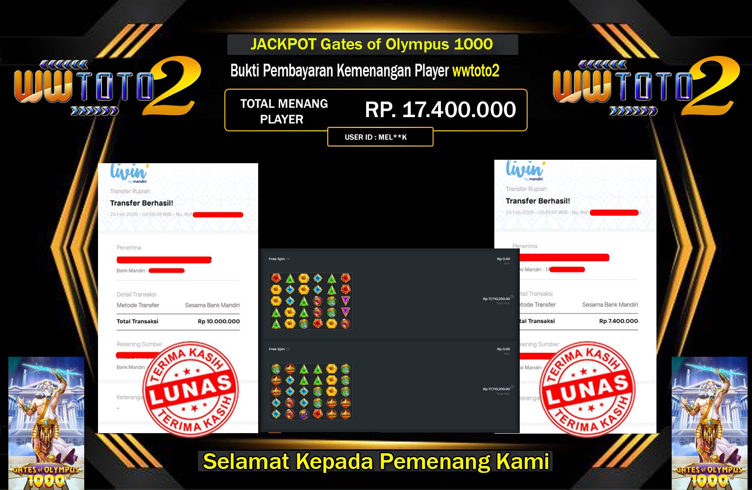 WWTOTO2 JACKPOT Gates of Olympus 1000 Rp.17.400.000,- LUNAS