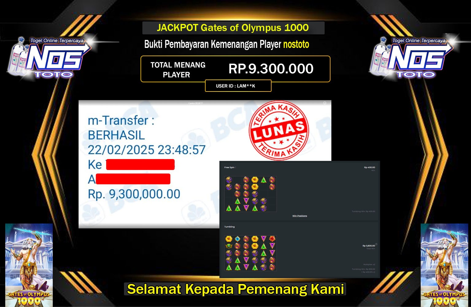 NOSTOTO JACKPOT Gates of Olympus 1000 Rp.9.300.000,- LUNAS