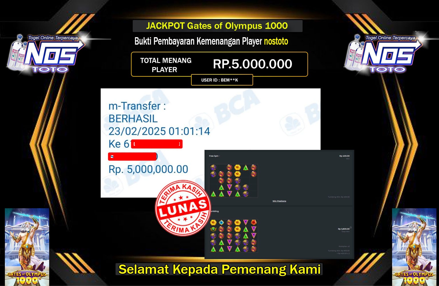 NOSTOTO JACKPOT Gates of Olympus 1000 Rp.5.500.000,- LUNAS