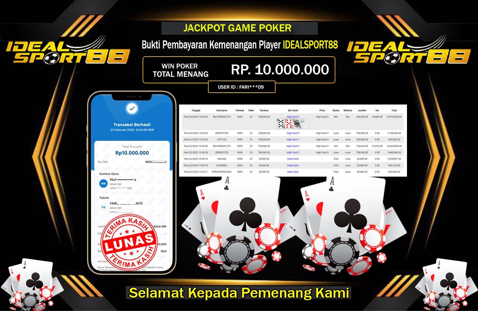 IDEALSPORT88 JACKPOT POKER GAME Rp.10.000.000,- LUNAS