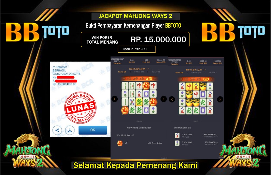 BBTOTO JACKPOT MAHJONG WAYS 2 Rp.15.000.000,- LUNAS