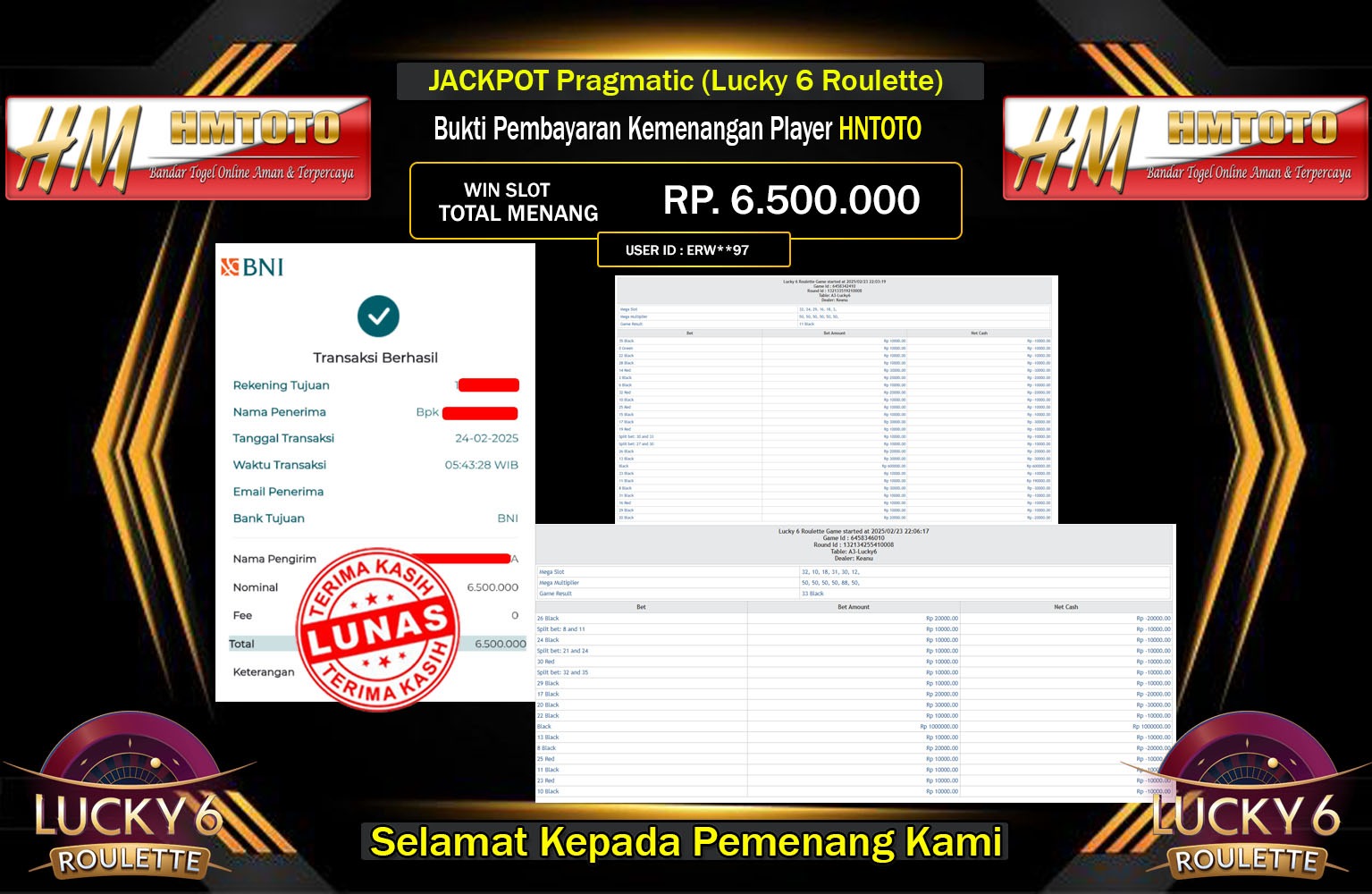 HMTOTO JACKPOT Lucky 6 Roulette Rp.6.500.000,- LUNAS