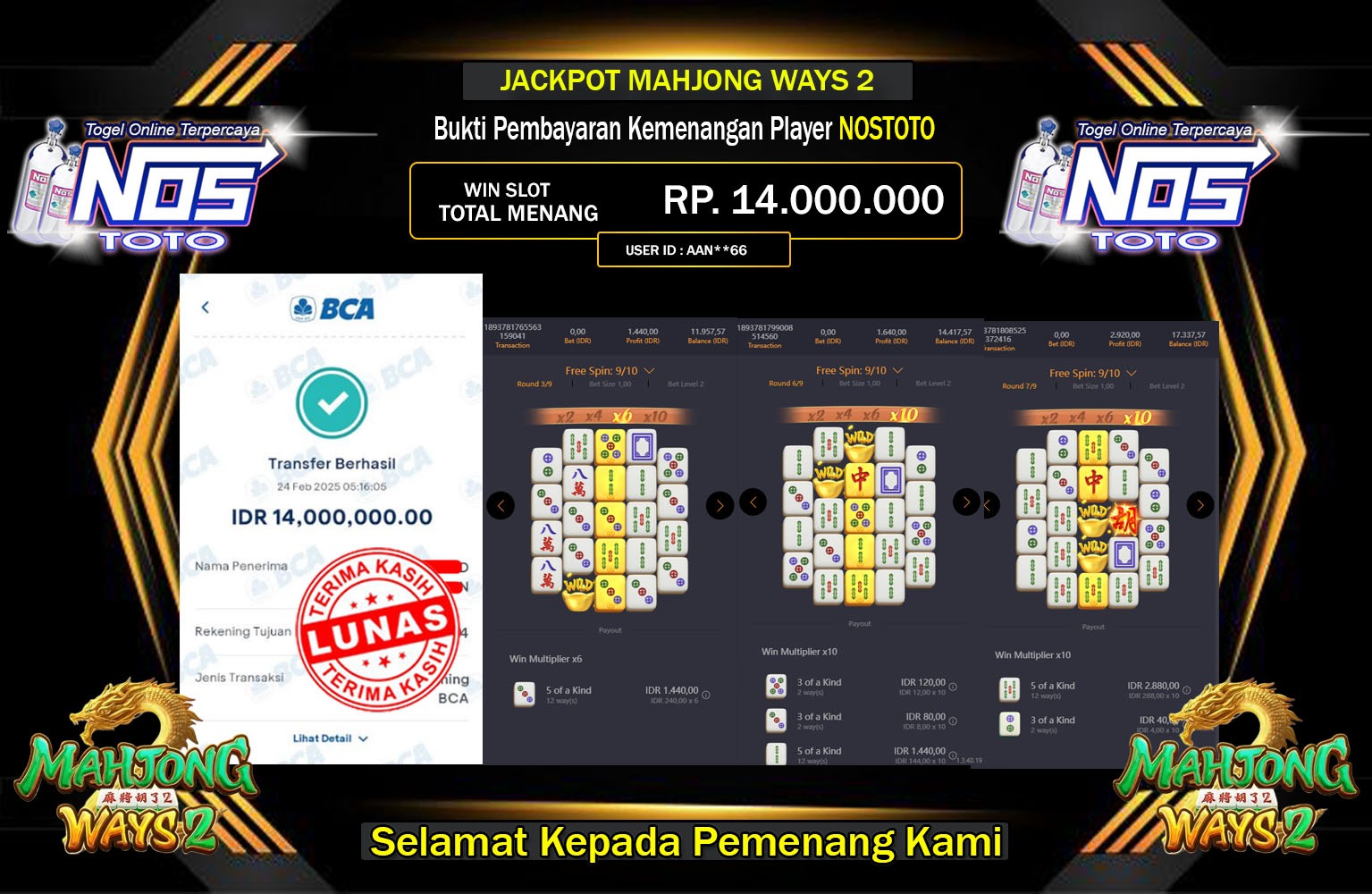 NOSTOTO JACKPOT MAHJONG WAYS 2 1000 Rp.14.000.000,- LUNAS