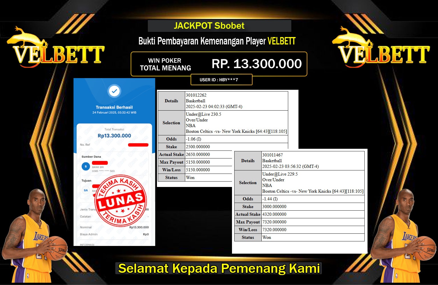 VELBETT JACKPOT SBOBET Rp.13.300.000,- LUNAS