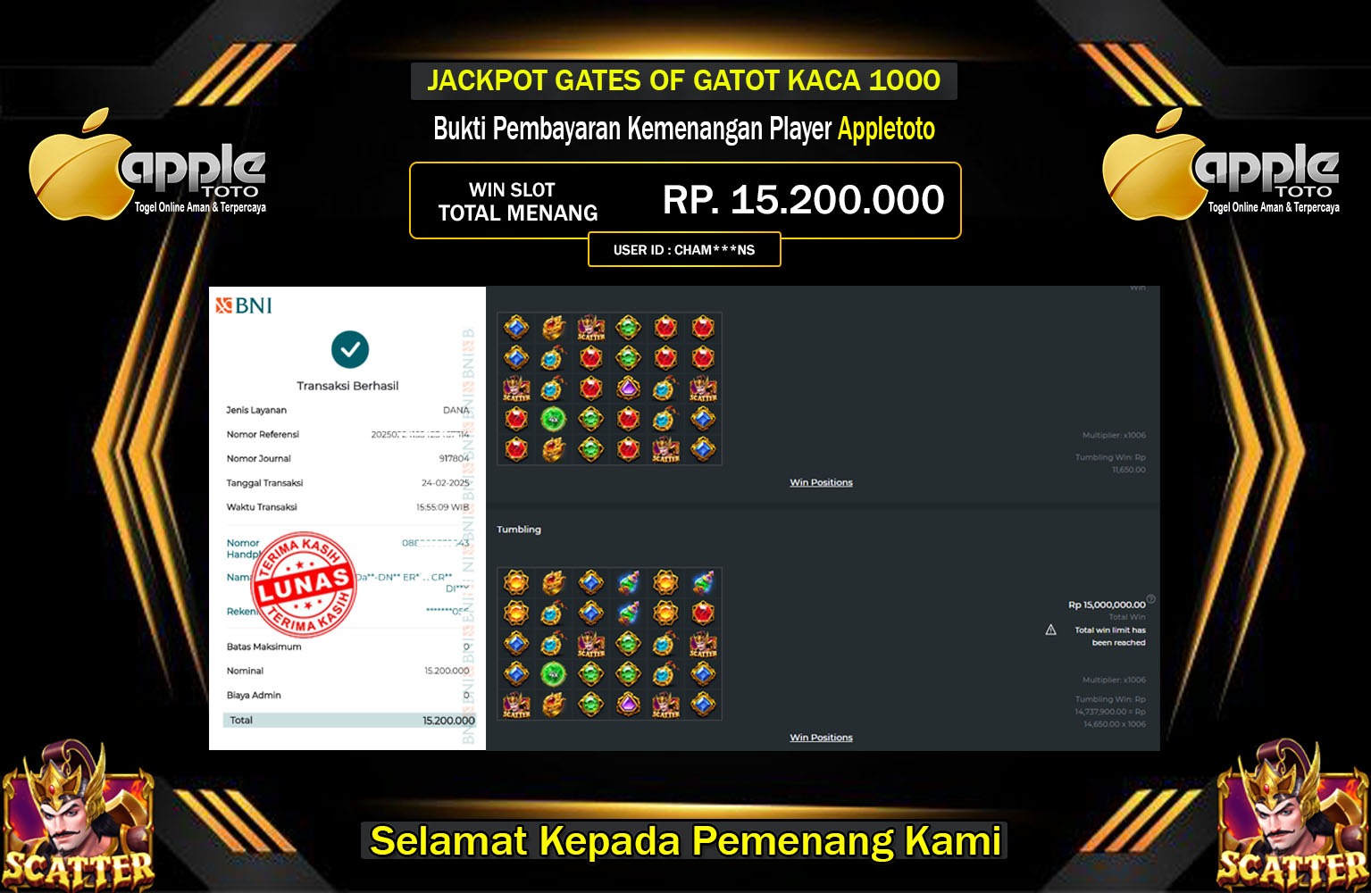 APPLETOTO JACKPOT GATES OF GATOT KACA 1000 Rp.15.200.000,- LUNAS