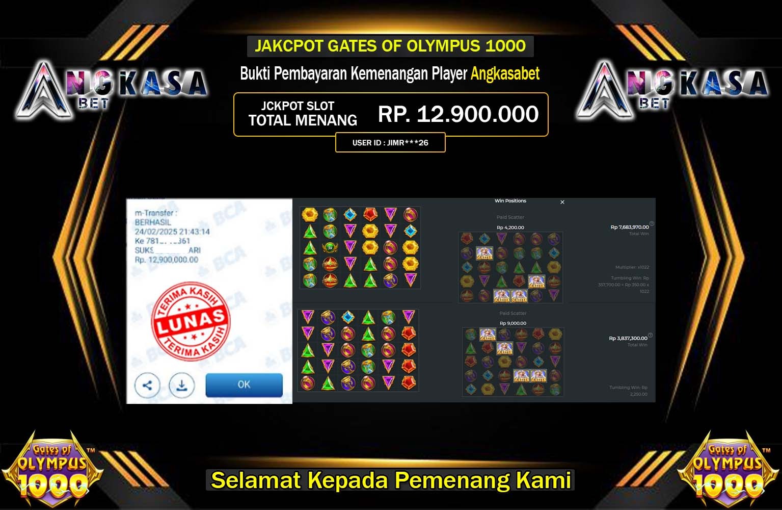 ANGKASABET JACKPOT GATES OF OLYMPUS 1000 Rp.12.900.000,- LUNAS