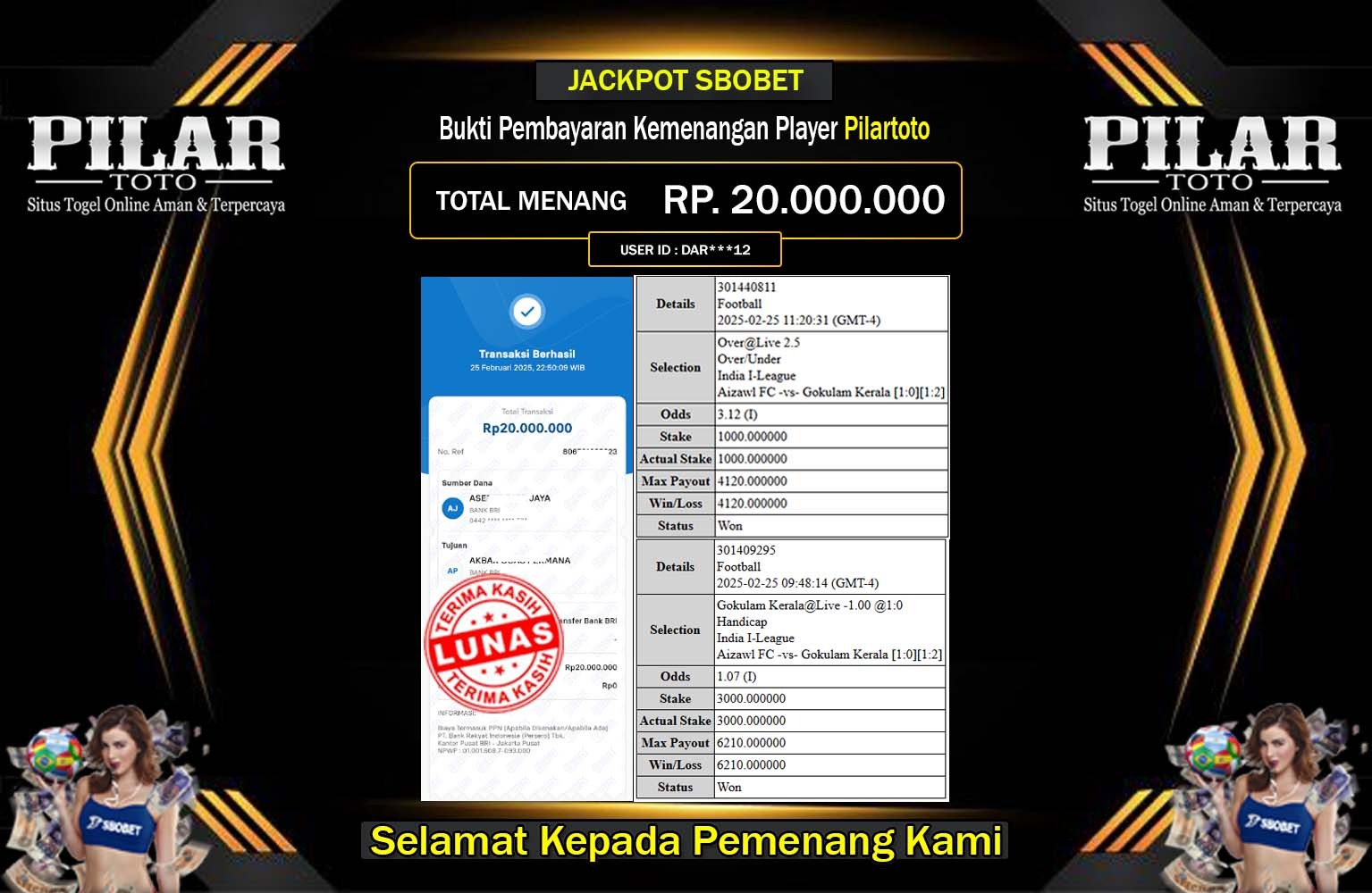 PILARTOTO JACKPOT SBOBET  Rp.20.000.000,- LUNAS