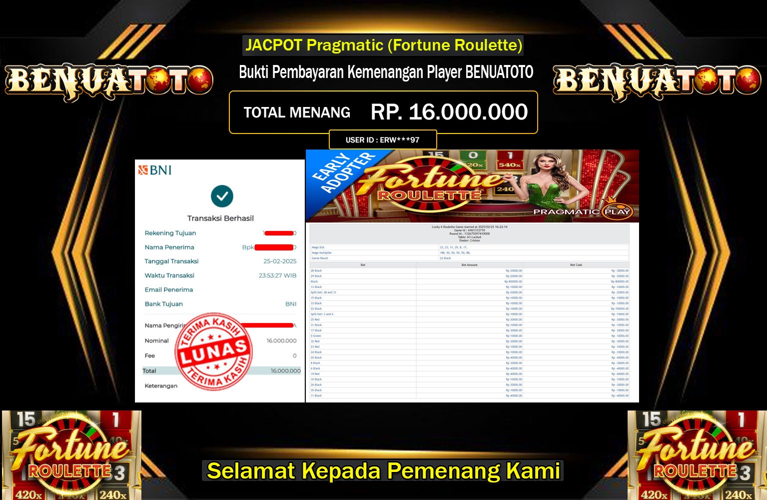 BENUATOTO JACKPOT Pragmatic (Fortune Roulette) Rp.16.000.000,- LUNAS