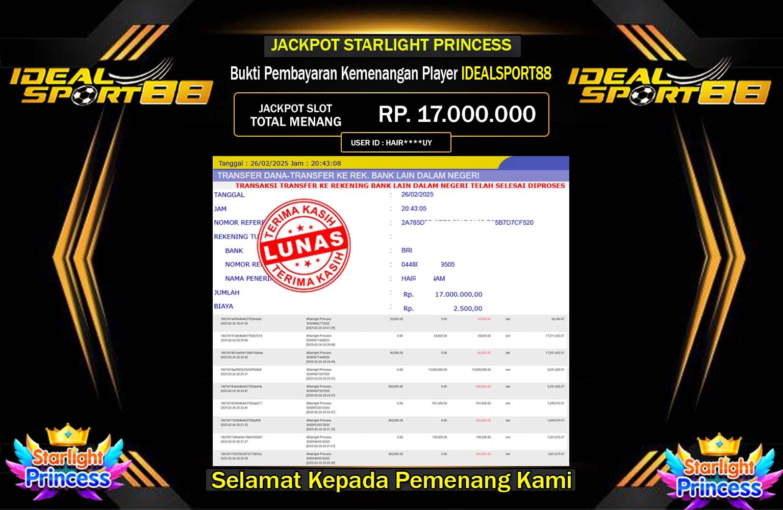 IDEALSPORT88 JACKPOT STARLIGHT PRINCESS Rp.17.000.000,- LUNAS