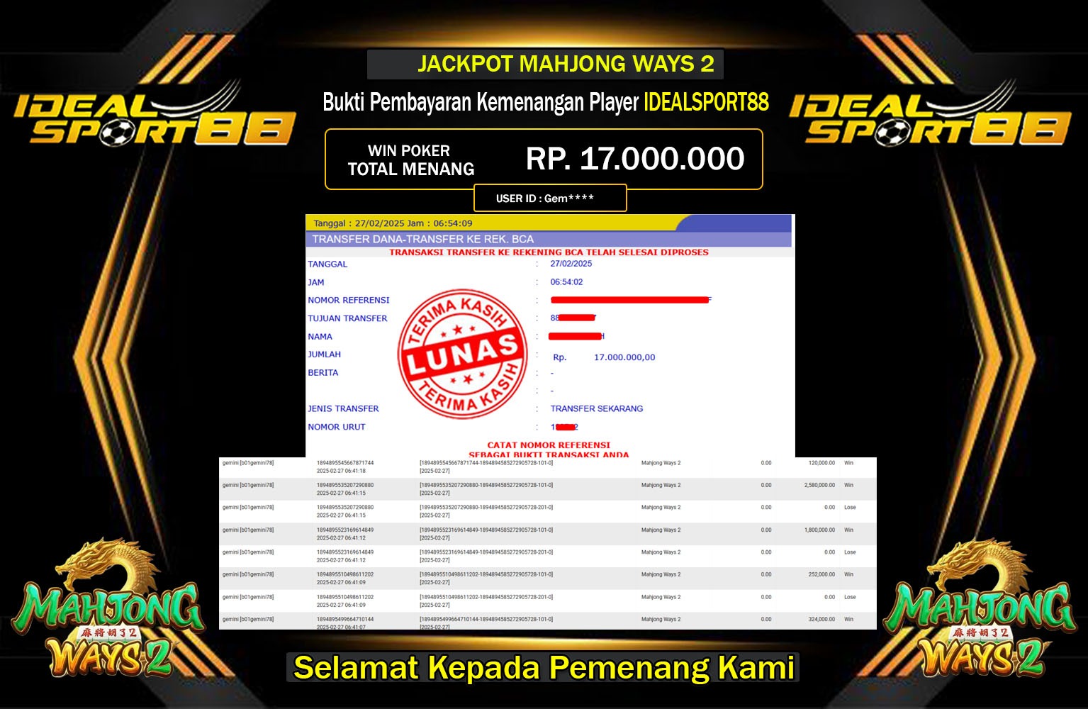 IDEALSPORT88 JACKPOT MAHJONG WAYS 2 Rp.17.000.000,- LUNAS