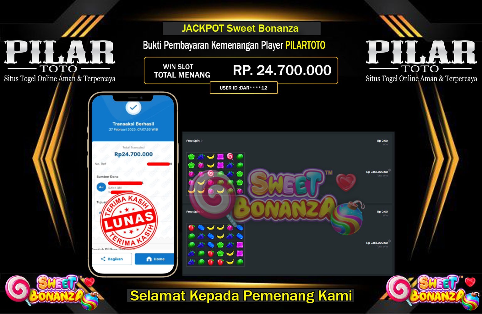 PILARTOTO JACKPOT SWEET BONANZA Rp.24.700.000,- LUNAS