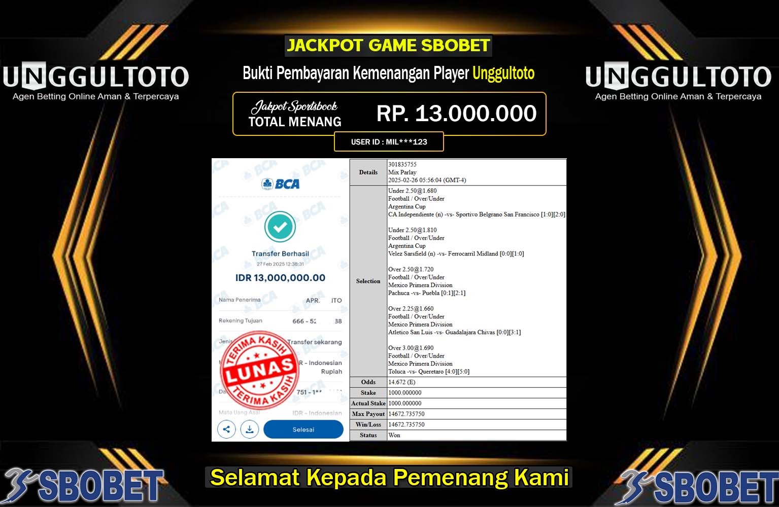 UNGGULTOTO JACKPOT SBOBET Rp.13.000.000,- LUNAS