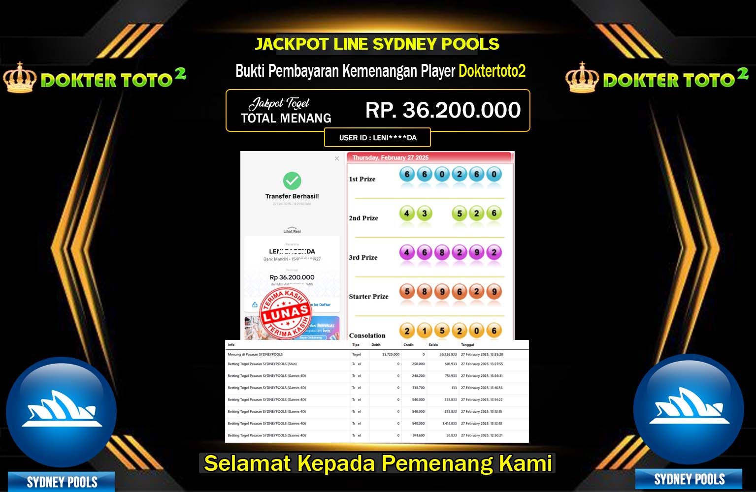 UNGGULTOTO JACKPOT LINE SYDNEY POOLS Rp.36.200.000,- LUNAS