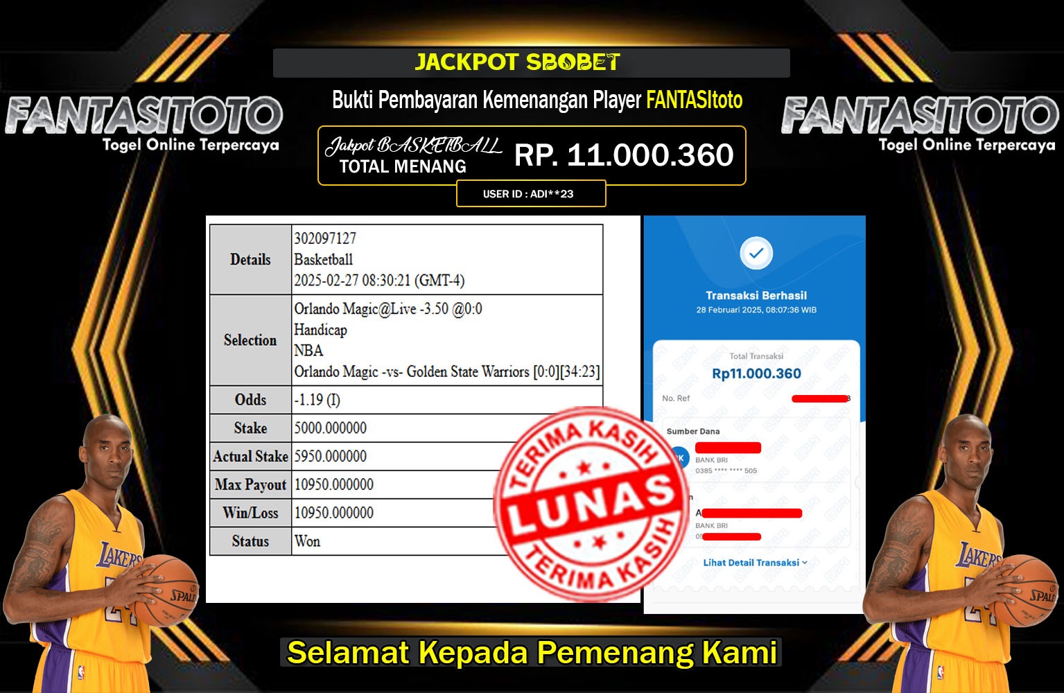 FANTASITOTO JACKPOT SBO Basketball  Rp.11.000.360,- LUNAS