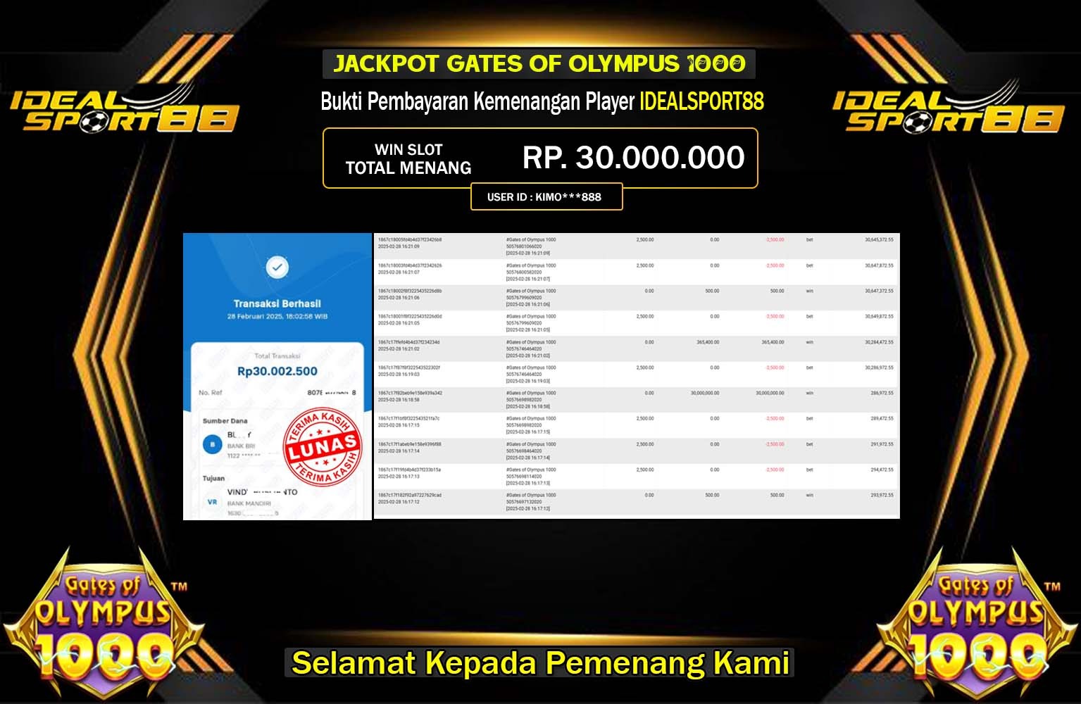 IDEALSPORT88 JACKPOT GATES OF OLYMPUS 1000 Rp.30.000.000,- LUNAS