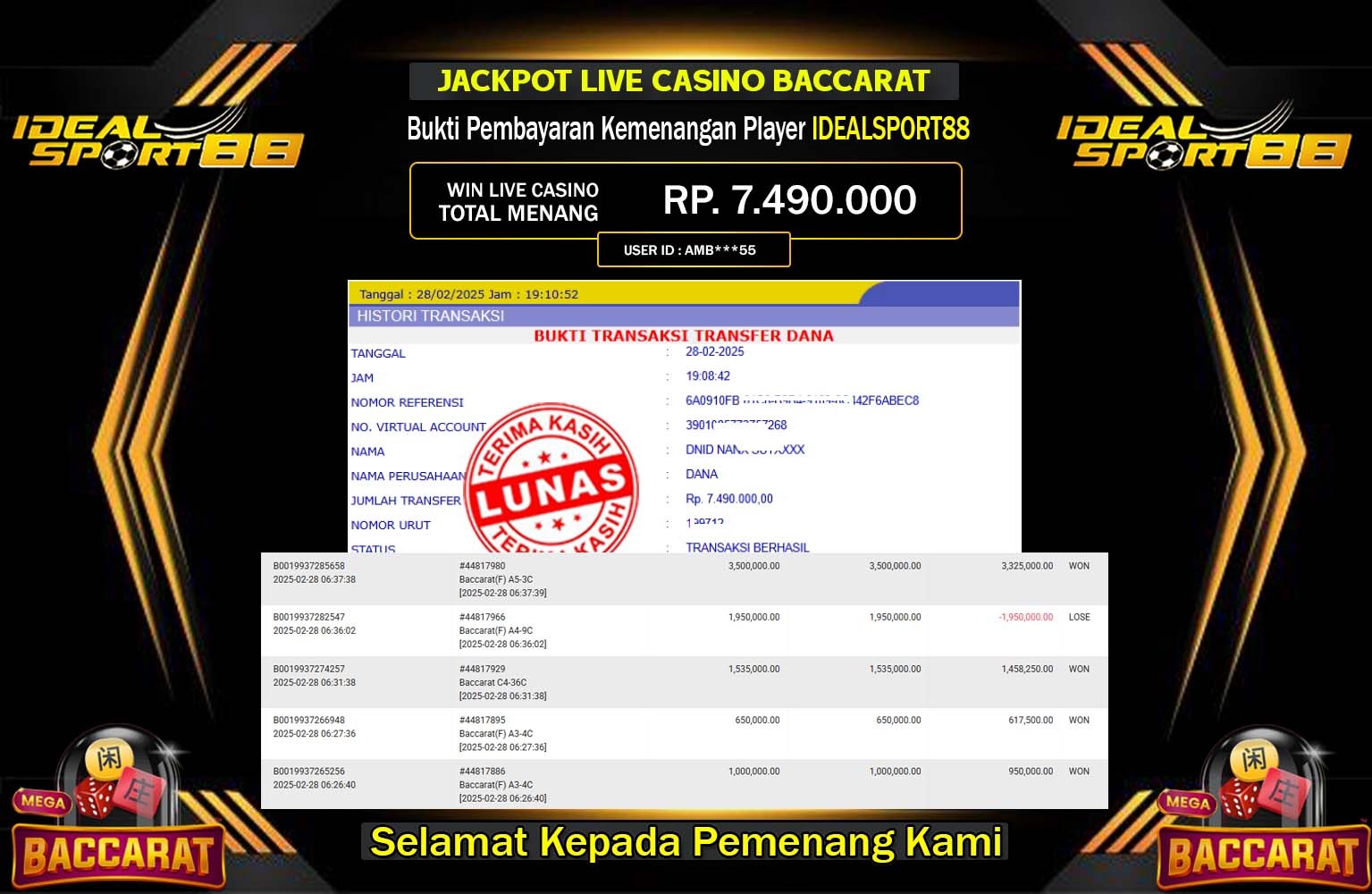 IDEALSPORT88 JACKPOT BACCARAT Rp.7.490.000,- LUNAS