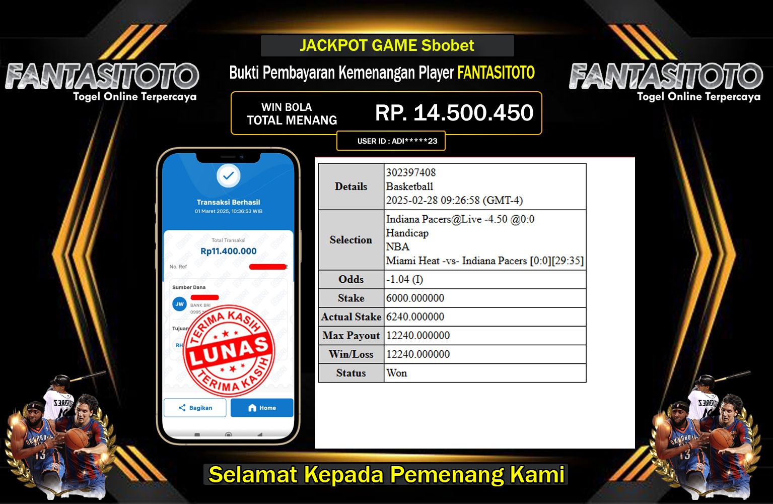 FANTASITOTO JACKPOT SBO Basketball  Rp.14.500.450,- LUNAS