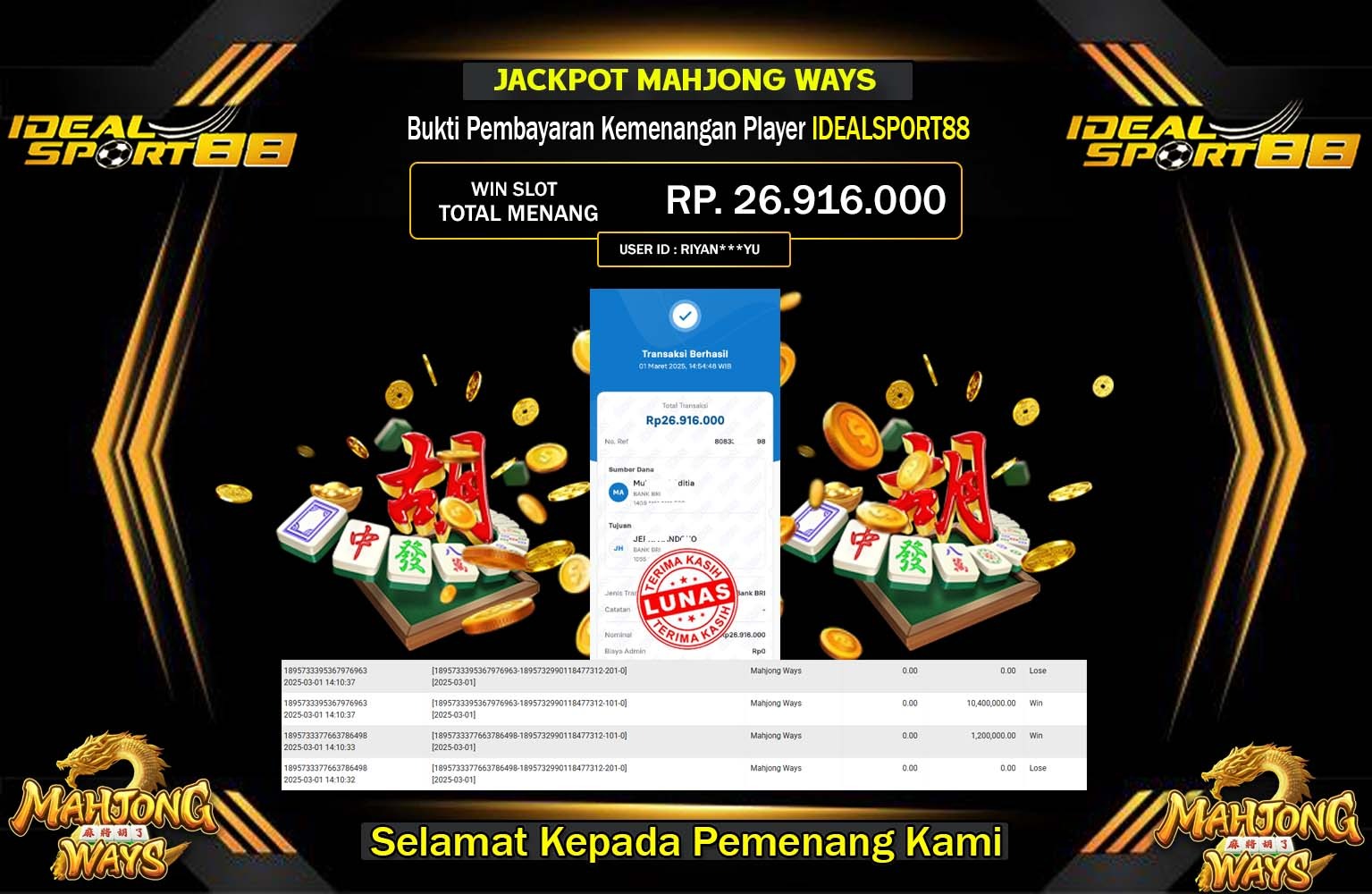 IDEALSPORT88 JACKPOT MAHJONG WAYS Rp.26.916.000,- LUNAS