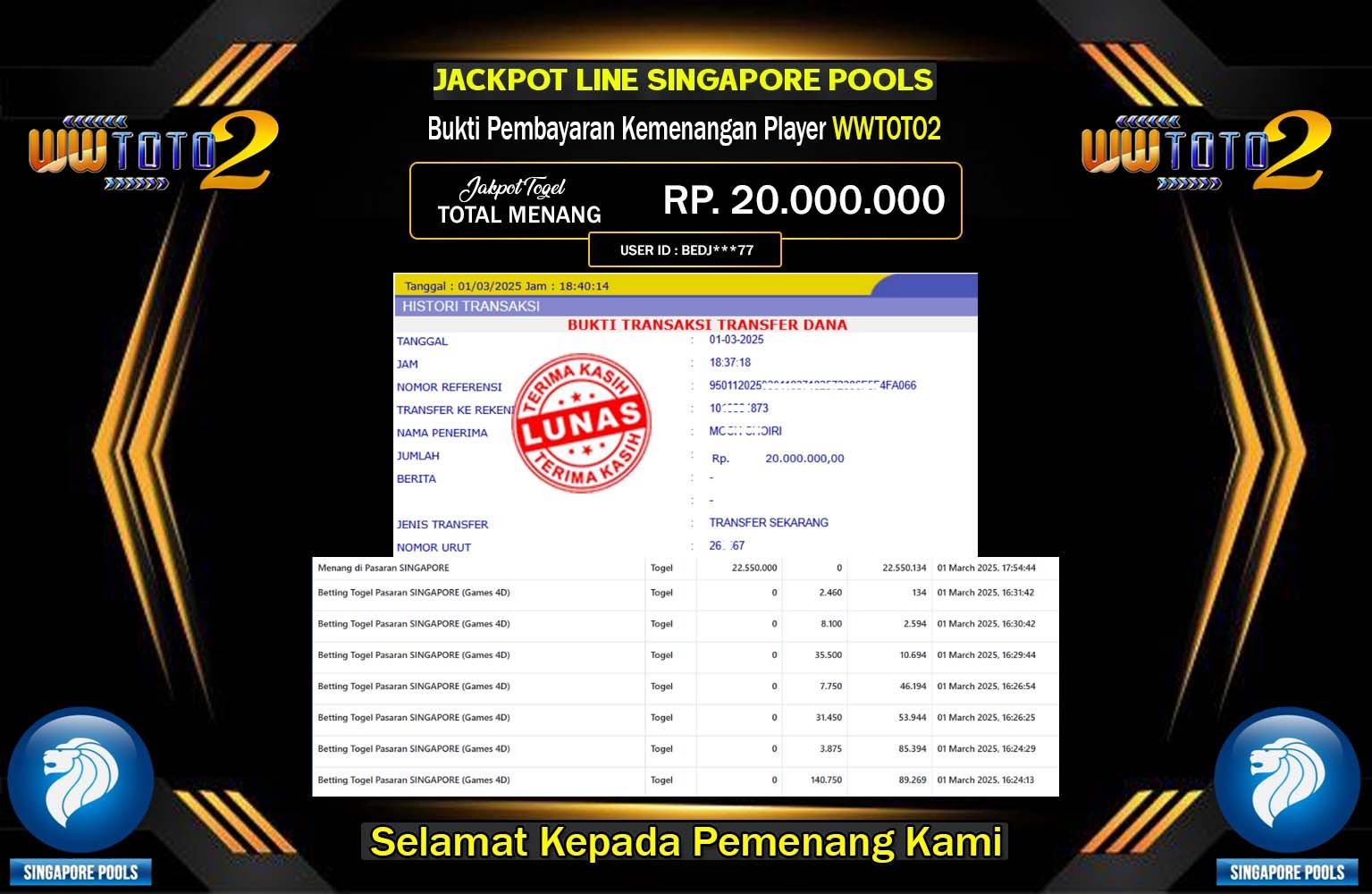 WWTOTO2 JACKPOT SINGAPORE POOLS Rp.10.000.000,- LUNAS