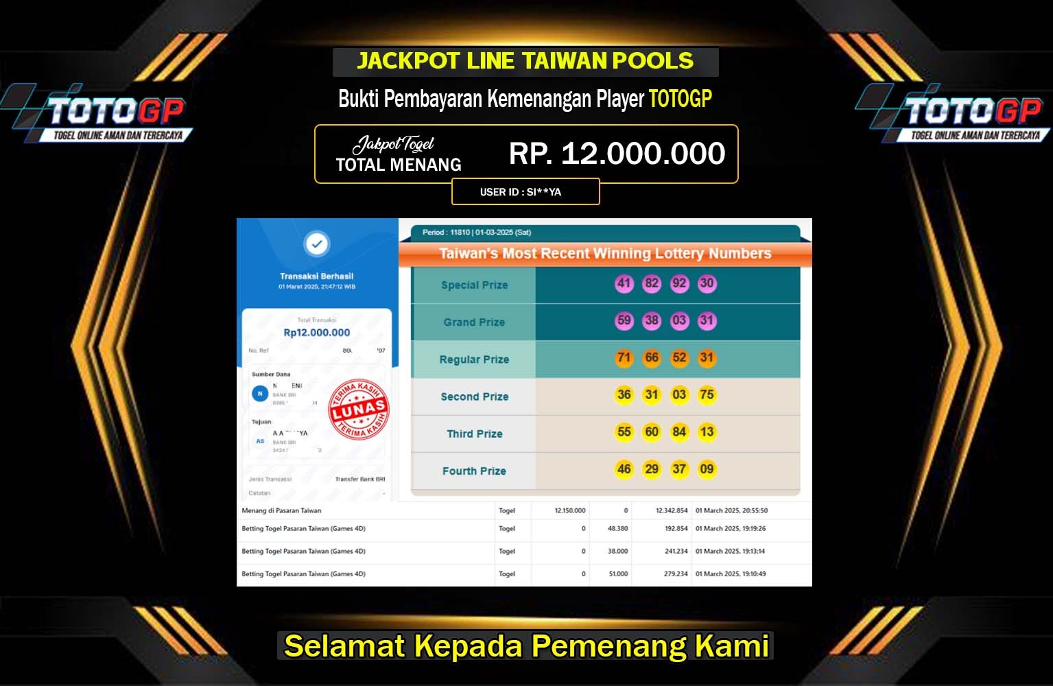 TOTOGP JACKPOT TAIWAN POOLS  Rp.12.000.000,- LUNAS