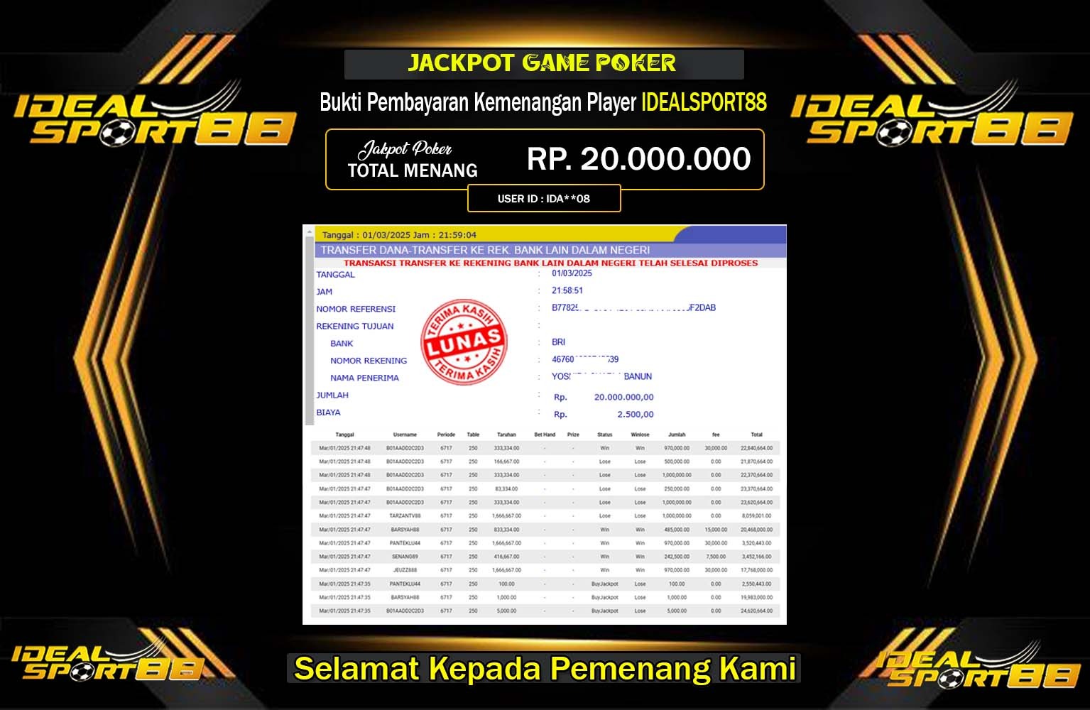 IDEALSPORT88 JACKPOT POKER Rp.20.00.000,- LUNAS