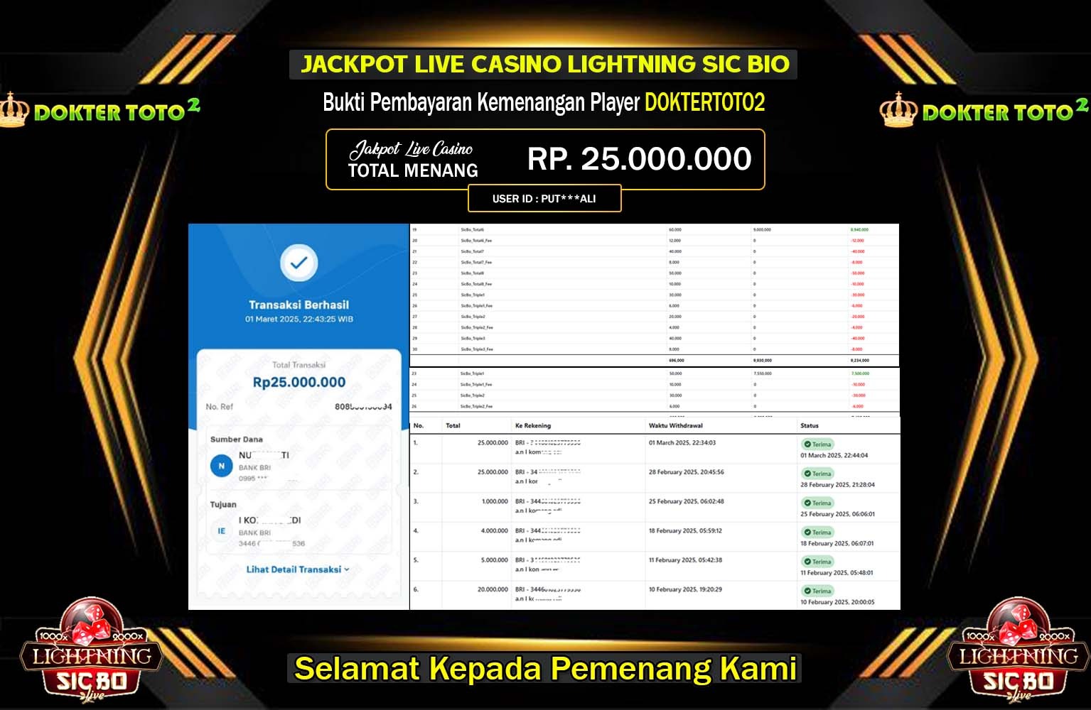 DOKTERTOTO2 JACKPOT LIVE CASINO  Rp.25.000.000,- LUNAS