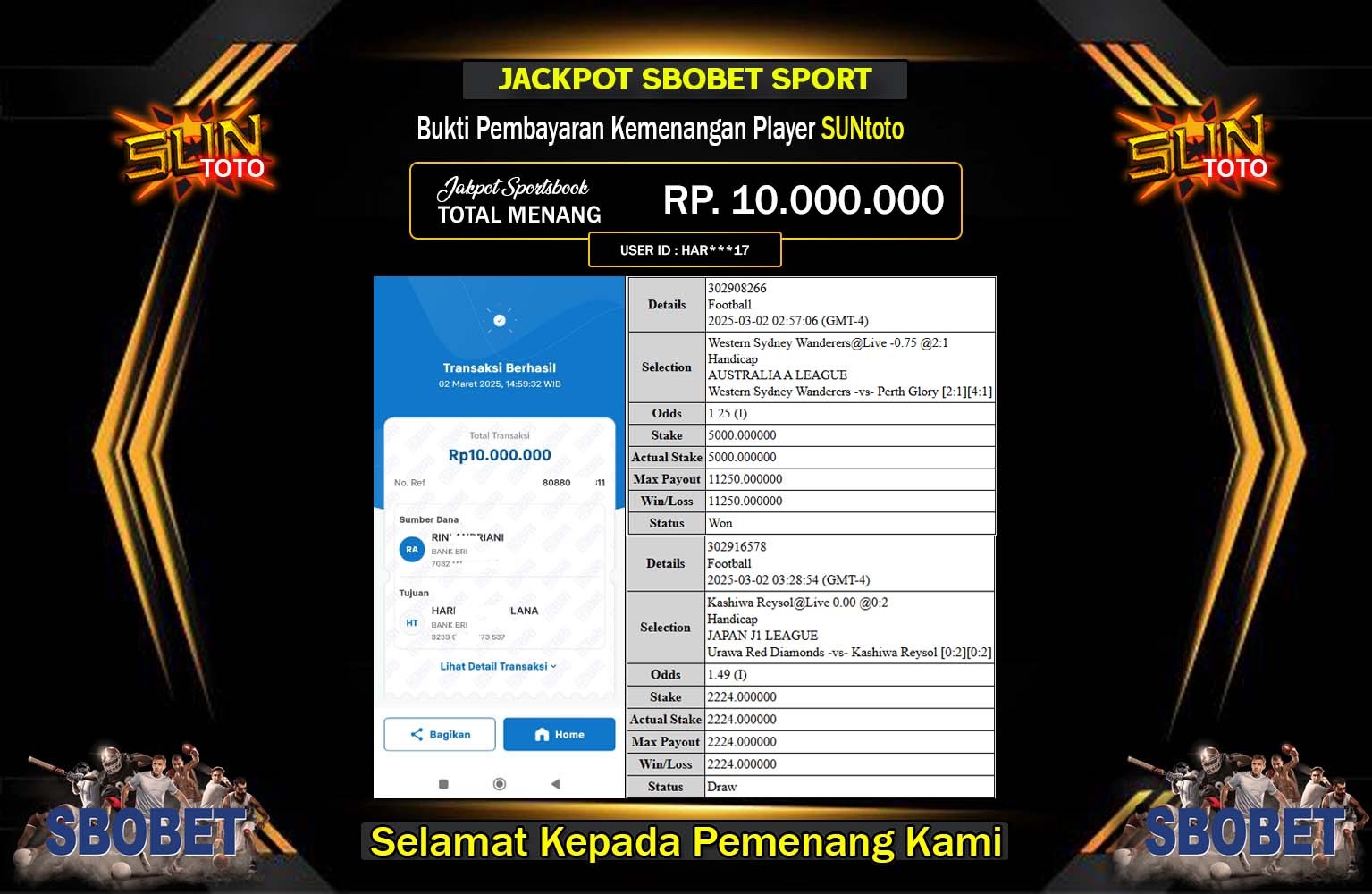 SUNTOTO JACKPOT SBOBET  Rp.10.000.000,- LUNAS