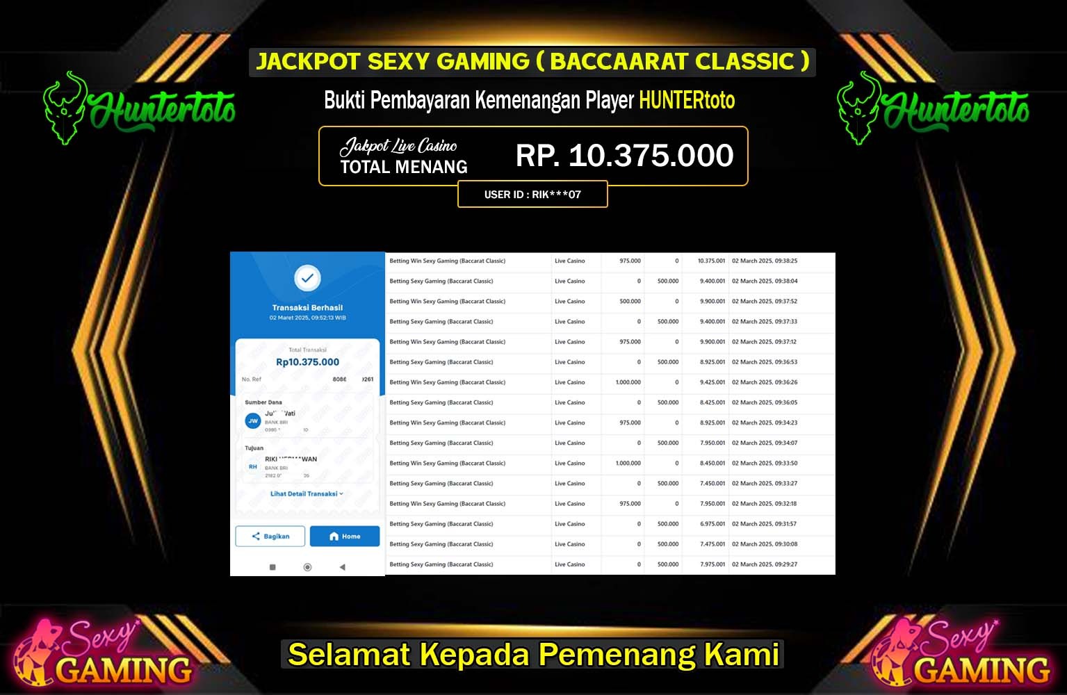 HUNTERTOTO JACKPOT BACCARAT CLASSIC  Rp.10.375.000,- LUNAS