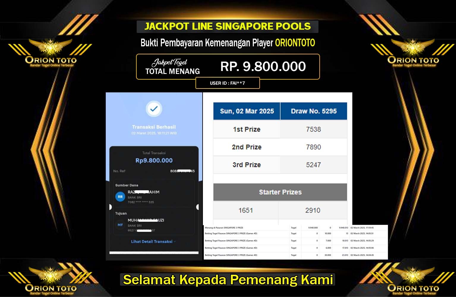 ORIONTOTO JACKPOT SINGAPORE POOLS  Rp.9.800.000,- LUNAS