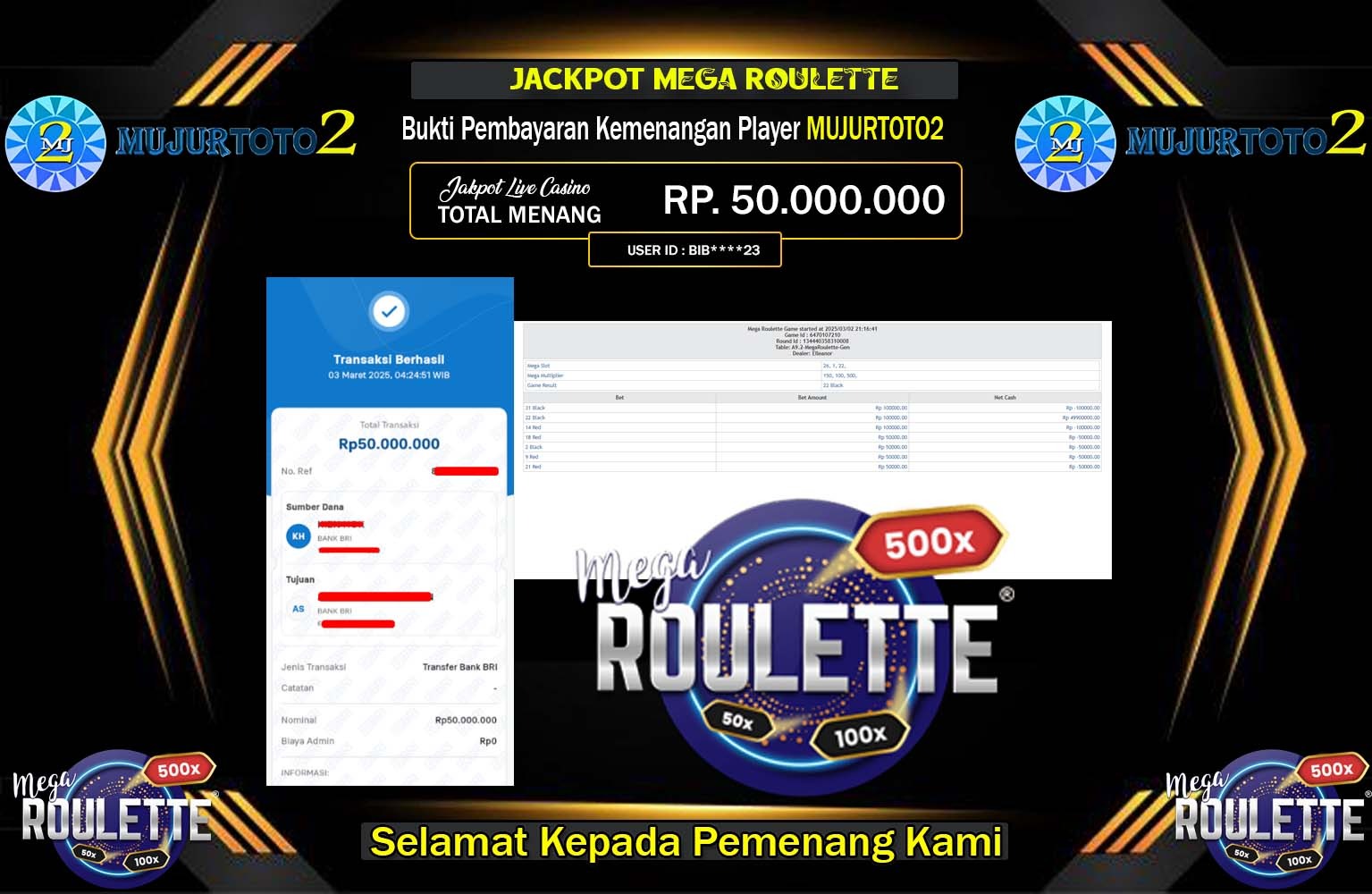 MUJURTOTO2 JACKPOT Mega RouletteRp.50.000.000,- LUNAS