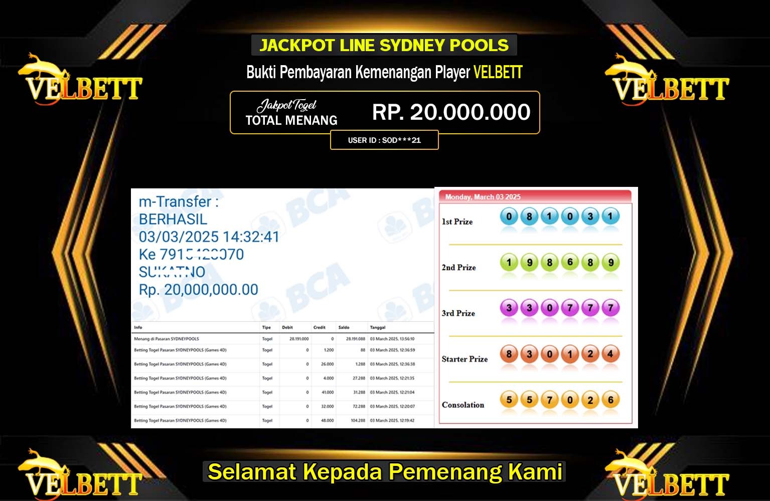 VELBETT JACKPOT SYDNEY POOLS  Rp.20.000.000,- LUNAS