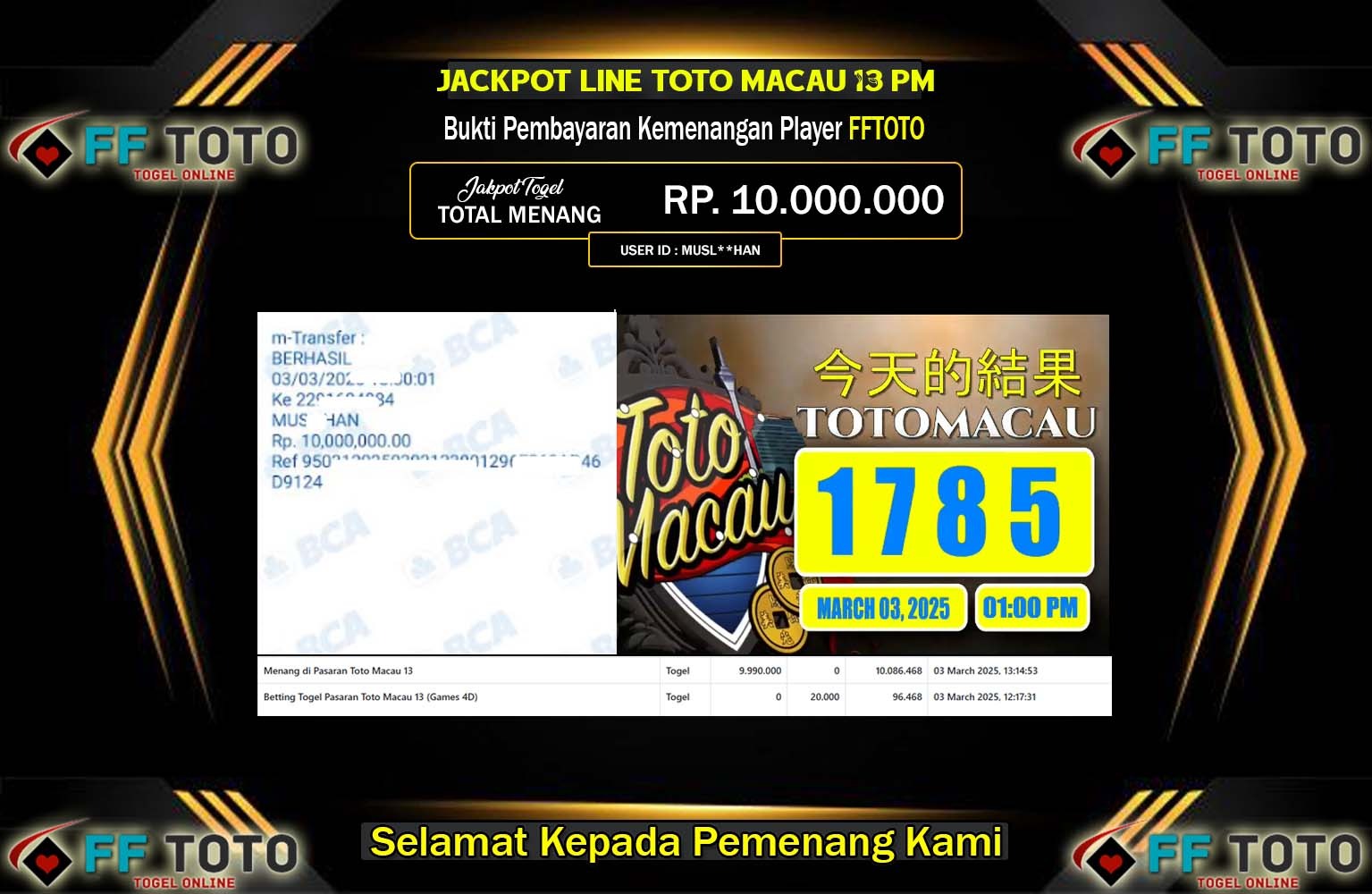 FFTOTO JACKPOT TOTOMACAU  Rp.10.000.000,- LUNAS