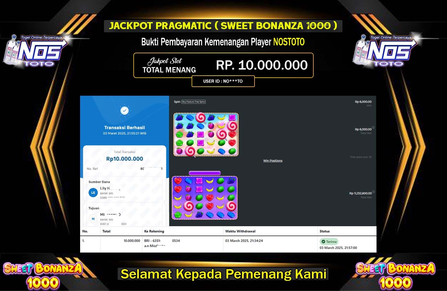 NOSTOTO JACKPOT SWEET BONANZA 1000  Rp.10.000.000,- LUNAS