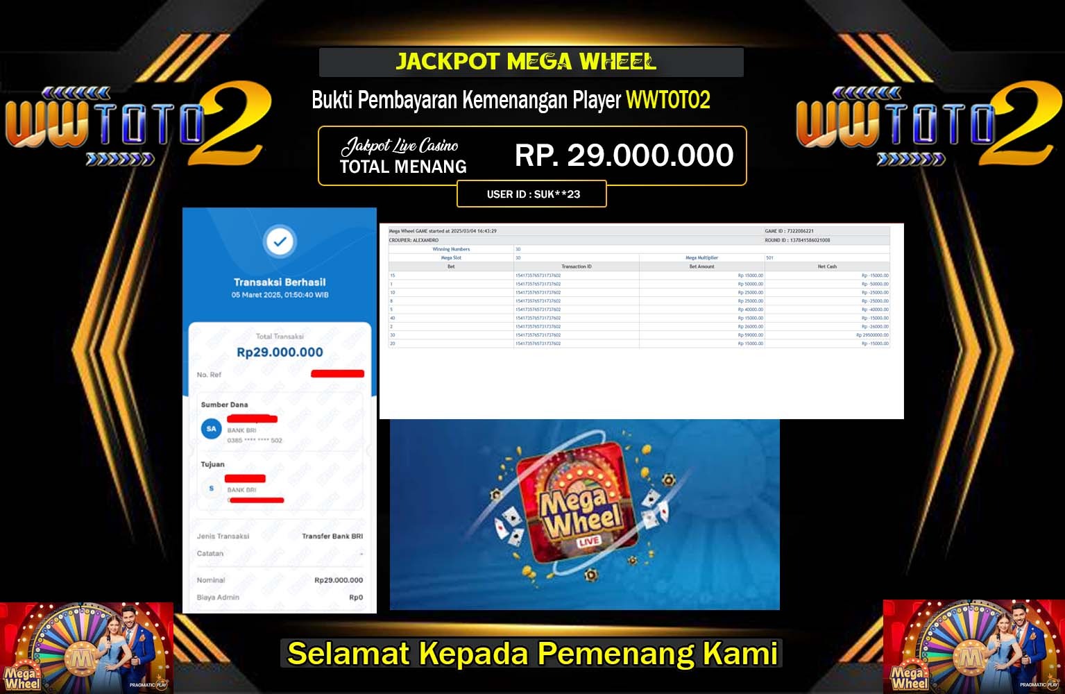 WWTOTO2 JACKPOT Pragmatic (Mega Wheel) Rp.29.000.000,- LUNAS